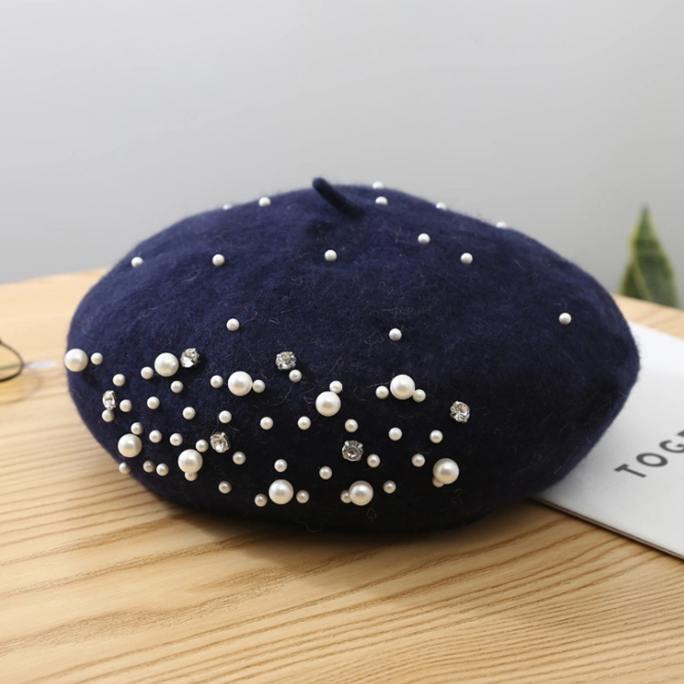 Wholesale Custom Women High Quality Beret Hats Beaded Rivet Plain Dyed