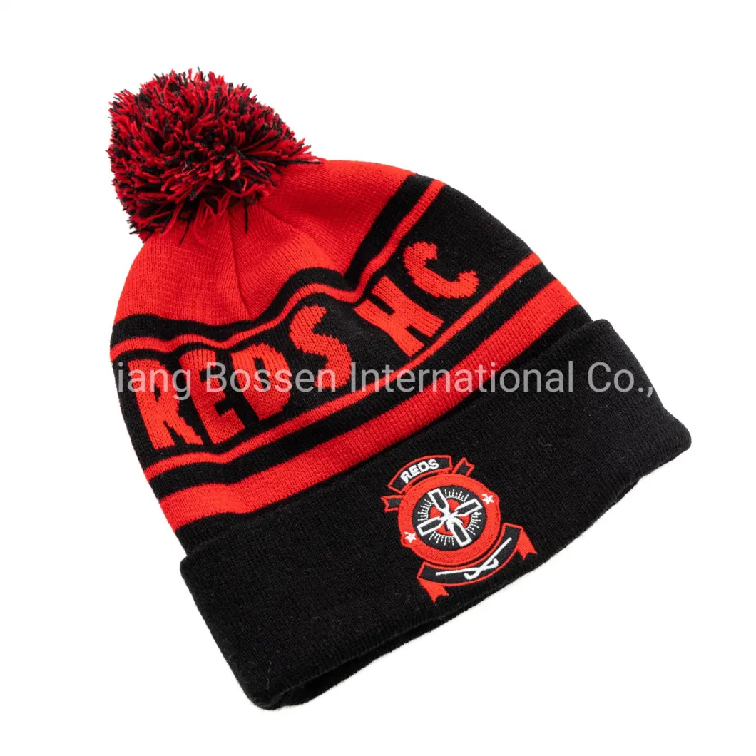 China Beanie Factory OEM Custom Design Logo Embroidered Promotional Winter Ski Knit Acrylic POM Beanies Cap Snowboard Cuffed RPET Beanie Hat