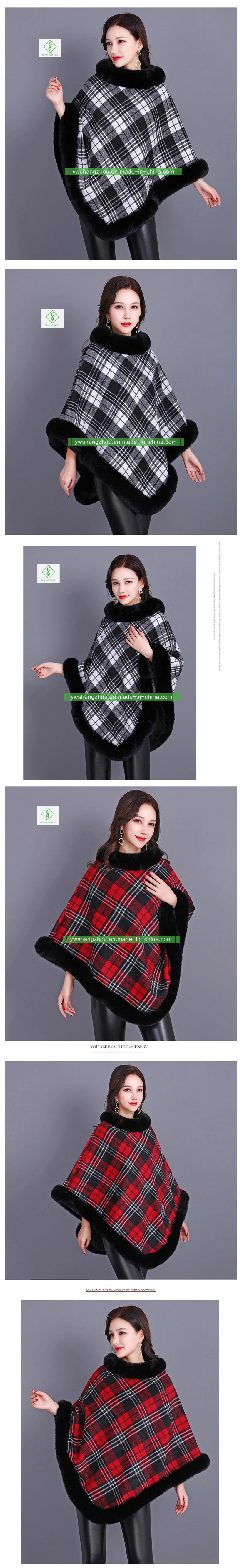 European Round Collar Plaid Women Sleeveless Cashmere Thickened Shawl Poncho