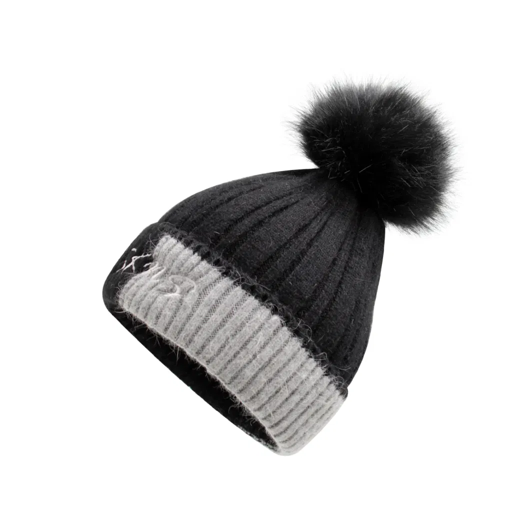 Winter Multicolor Stripe Ski Beanie with Faux Fur POM for Ladies