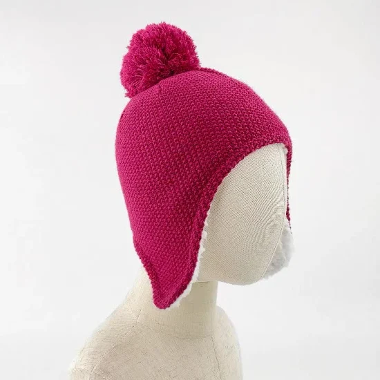 Crianças menina crianças quente macio desleixado pompom vermelho malha design sherpa velo forro gorro casual gorro chapéu earflap