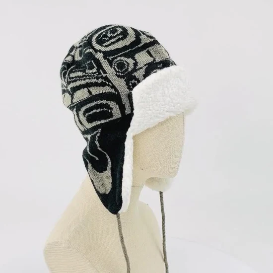 Masculino quente macio desleixado branco preto jacquard design sherpa forro de lã gorro casual chapéu protetor de orelha