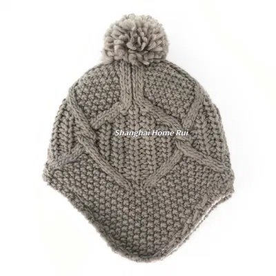 Feminino quente macio grosso slouchy acrílico camelo pompom velo sherpa forro de malha cabo costela gorro casual gorro chapéu earflap