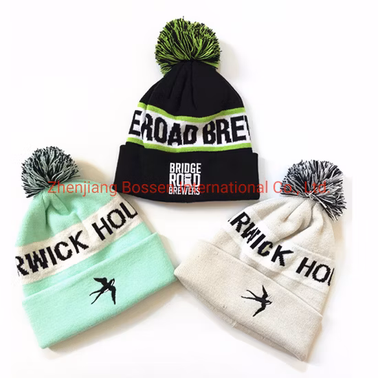China fornecedor OEM logotipo personalizado jacquard bordado inverno snowboard esqui esportes acrílico POM POM gorro de malha